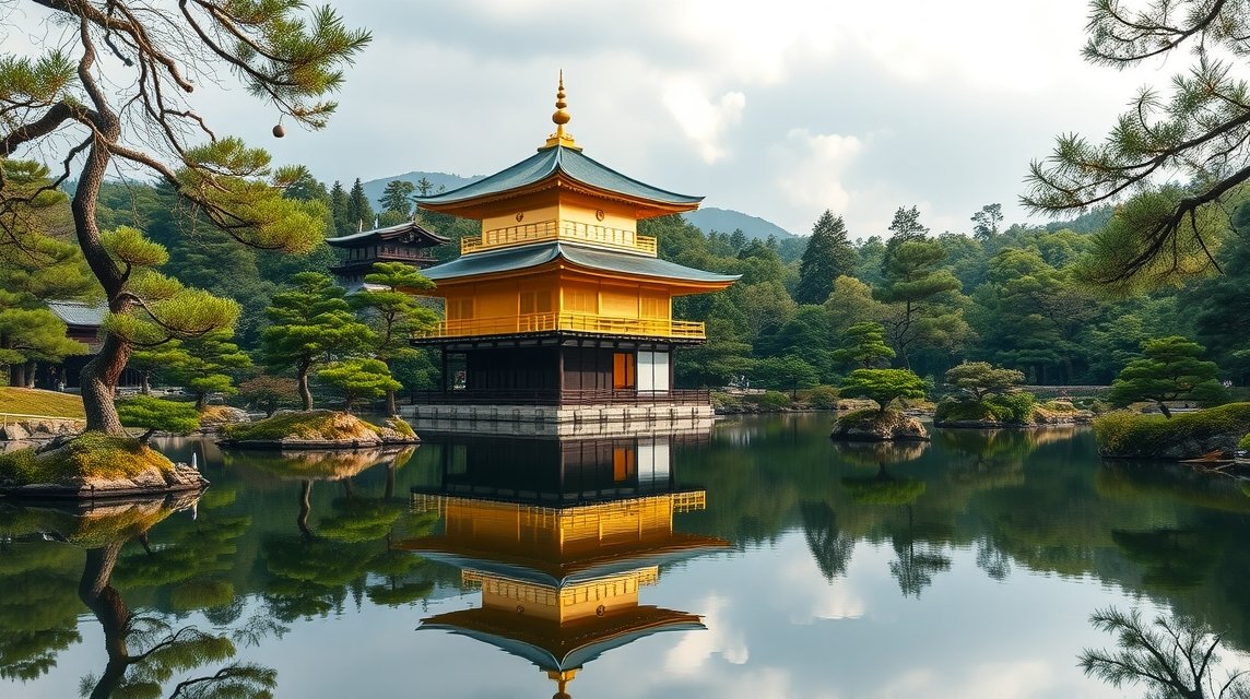 A Kinkaku-ji aranypavilon tükörképe a tó vízén