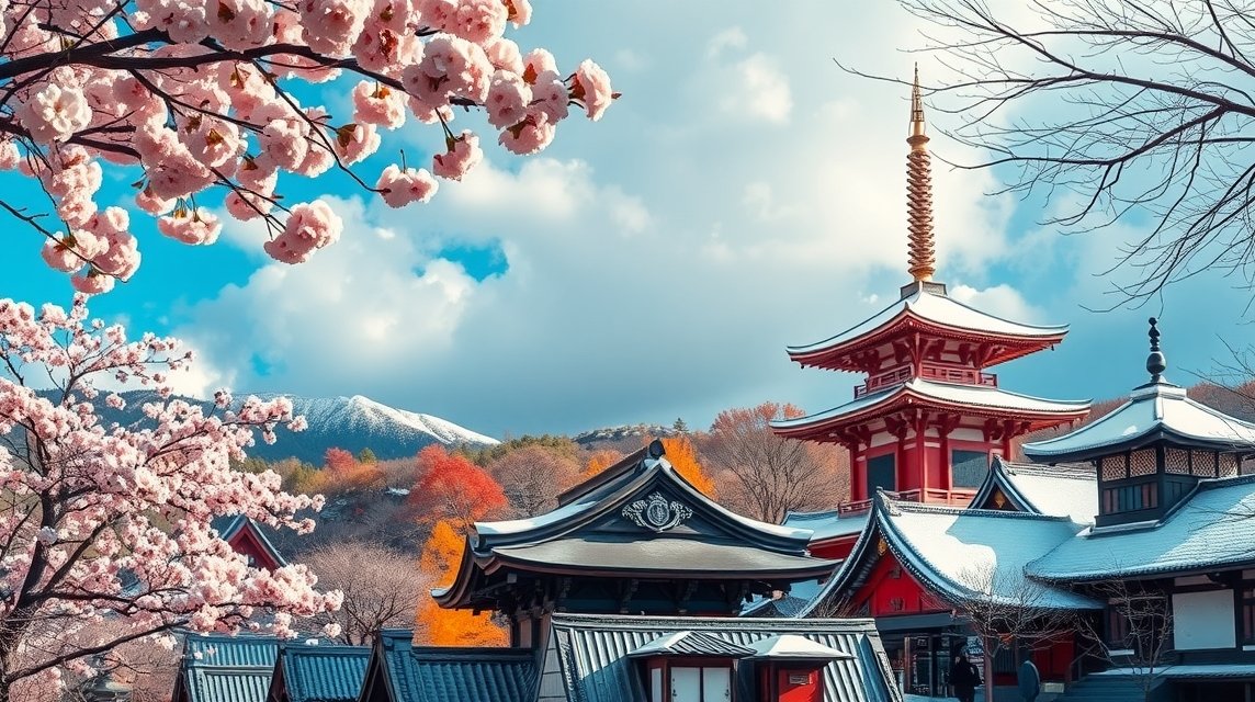 Színes cseresznyevirágok és japán épületek Kiotóban.