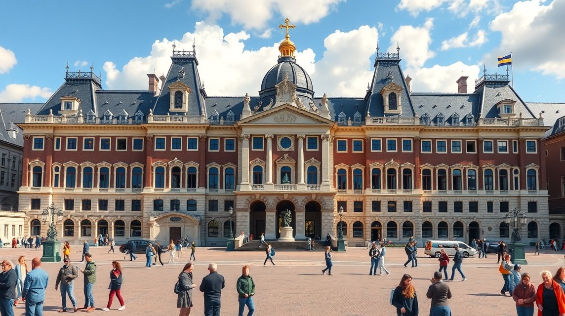 A Királyi Palota a Dam téren Amszterdamban, gyönyörű építészettel.