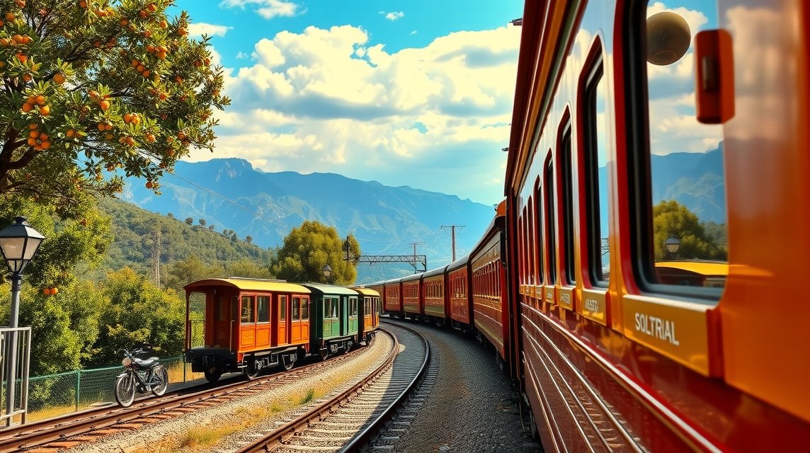 Vintage vonat a Ferrocarril de Sóller útján, Palma és Sóller között