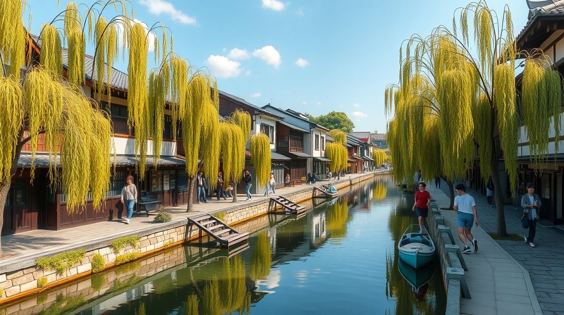 Okayama látnivalók - Kirándulás Kurashiki csatornáihoz (Bikan negyed) 1 Kurashiki Bikan negyed csatornája fűzfákkal és látogatókkal