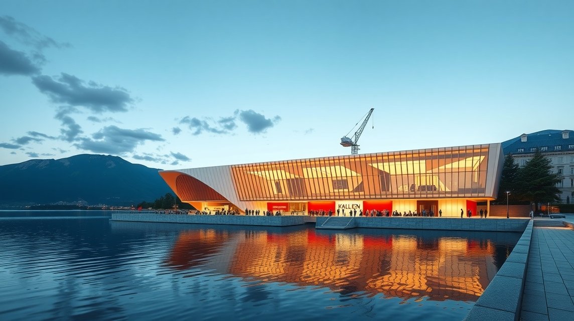 A KKL Luzern modern épülete a tó partján, lenyűgöző építészettel.