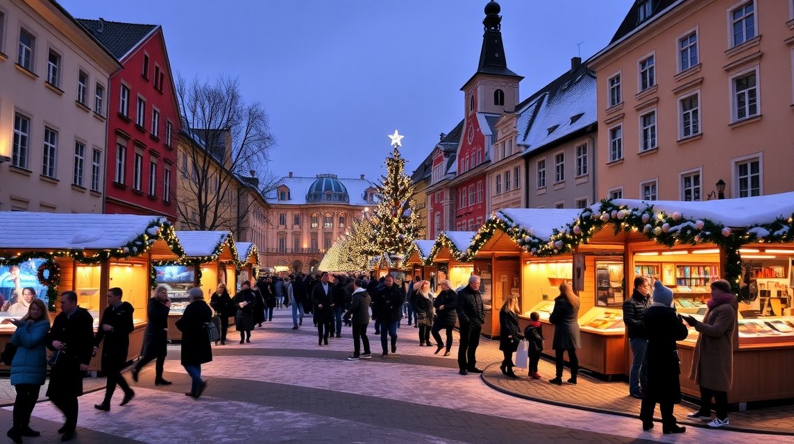 Klagenfurt főtéri adventi vásár karácsonyi hangulata.