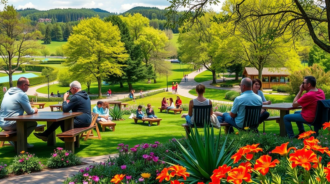 Emberek pihennek a Klagenfurt-i Europapark zöldterületén virágok mellett.