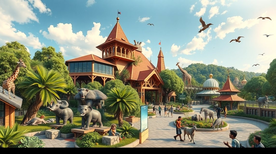 Kóbe Állatkirályság bejárata egzotikus állatokkal és felnőttek, gyerekek látogatásával.