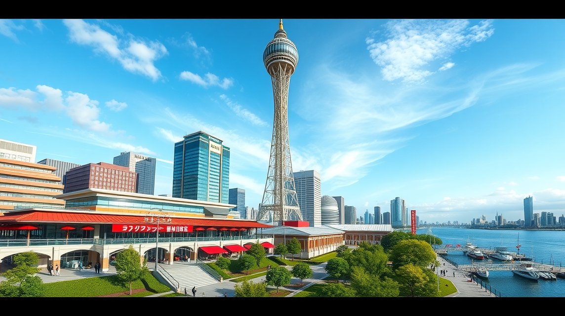 Kóbe Kikötőtorony és Meriken Park panorámája a város szívében