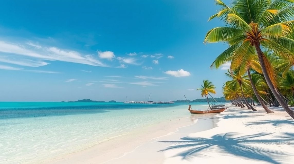 Gyönyörű tengerpart Koh Samet szigetén pálmafákkal és hajókkal