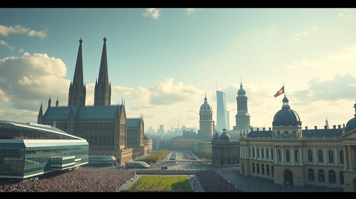 Düsseldorf és Köln városközpontja, a Rajna partján, gyönyörű épületekkel.