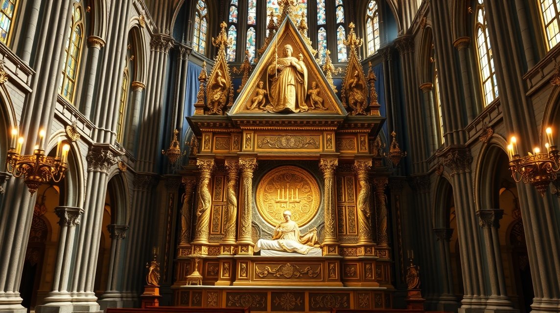 A Háromkirályok ereklyéje a Kölni Dóm belsejében, díszes oltár fényképe.