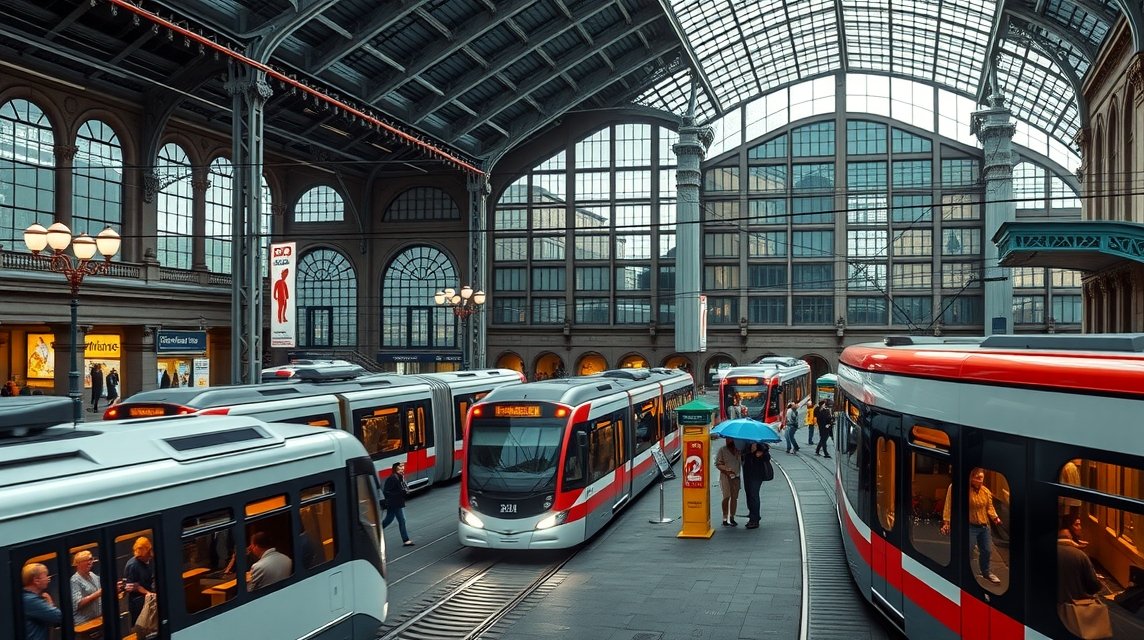 Köln központi pályaudvar és villamosok városi közlekedésben