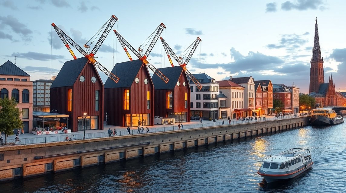 Köln Kranhäuser épületek és folyóparti séta a Rheinauhafen területén.
