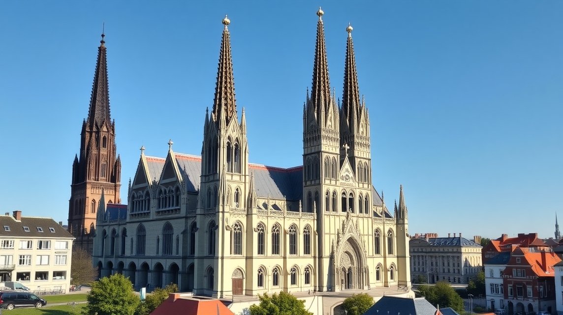 A Nagy Szent Márton-templom látképe Kölnben, román stílusú tornyokkal.