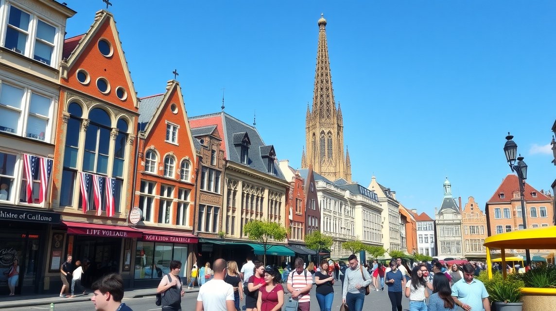 Köln városképe napfényben, emberek sétálnak a téren régi épületek között.
