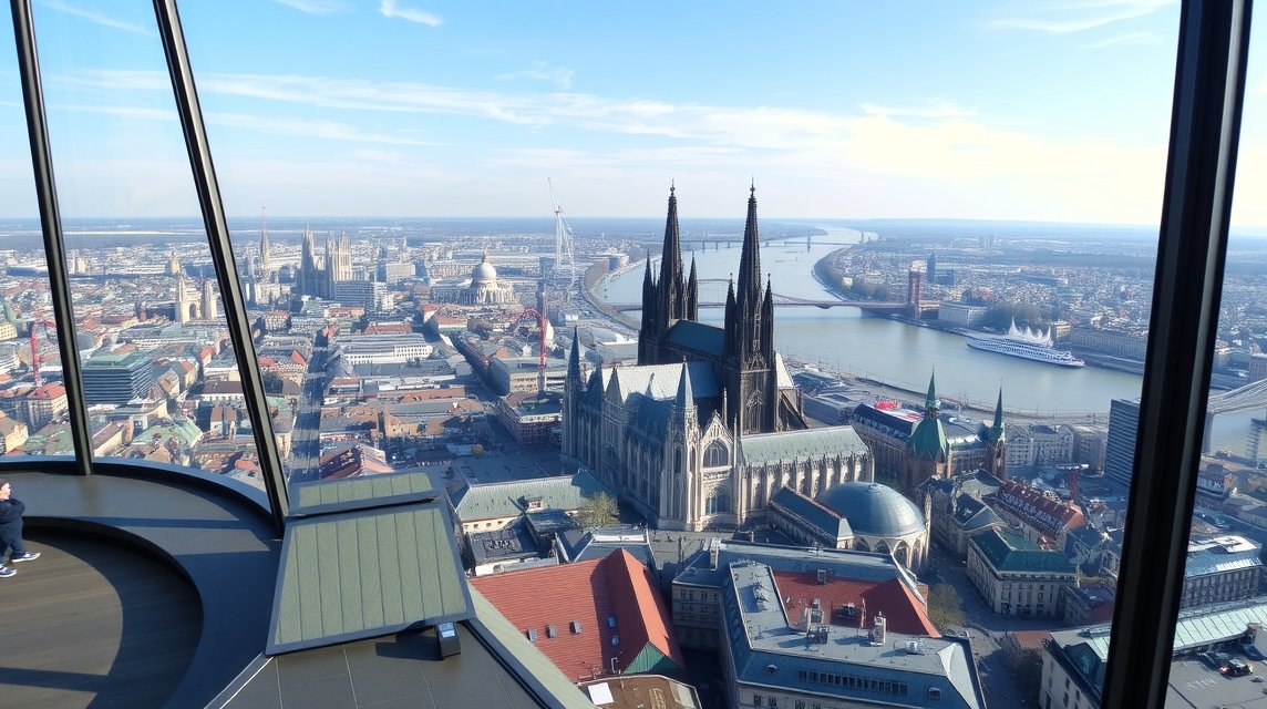Kilátás a KölnTriangle-ból a városra és a Rajnára