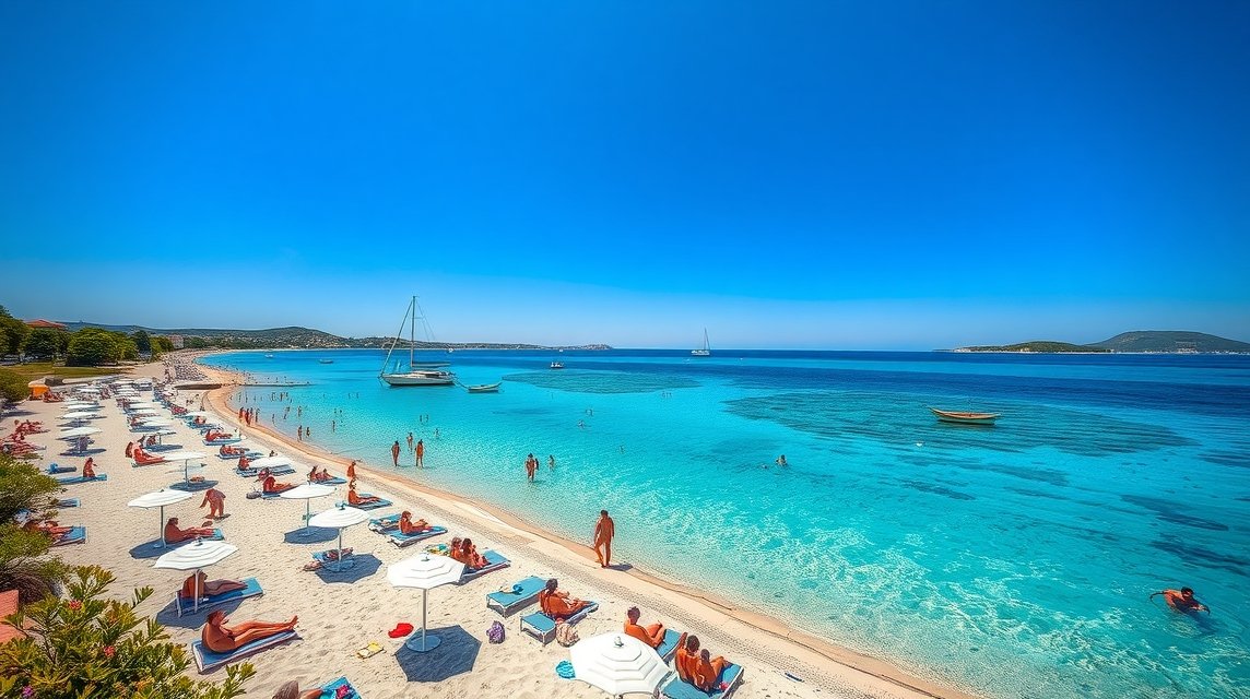 Kolovare strand Zárában, napsütéses tengerparti pihenés