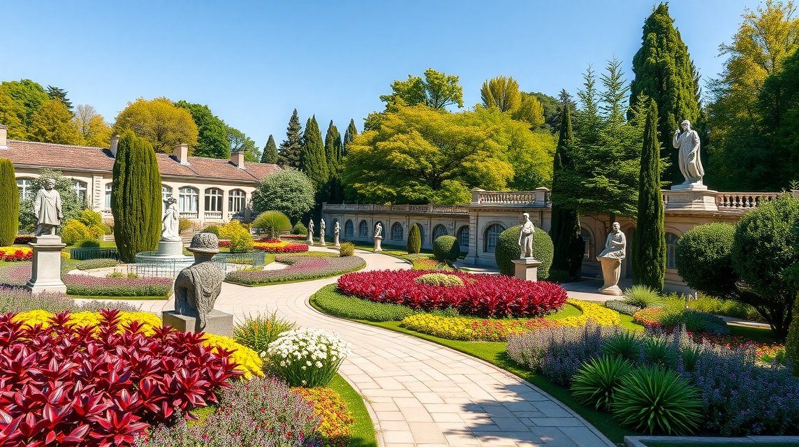Színes virágokkal és szobrokkal díszített kert a Kolozsvári Botanikus Kertben.