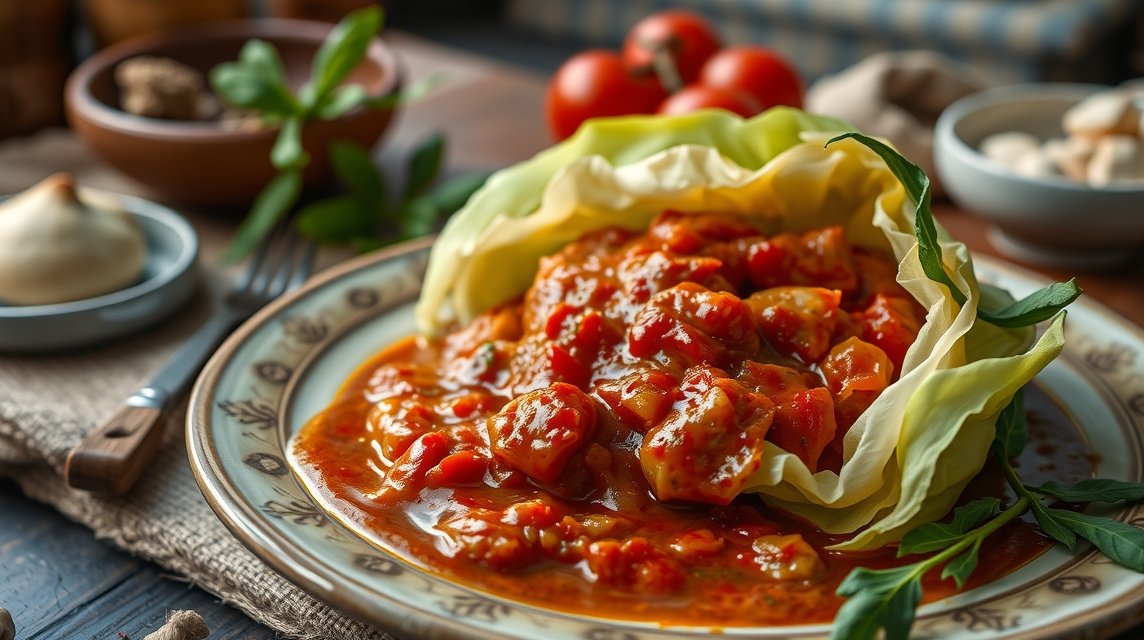 Kolozsvár gasztronómia - A varrottas káposzta (Kolozsvári töltött káposzta) 1 Kolozsvári töltött káposzta egy tálban, friss zöldségekkel körítve