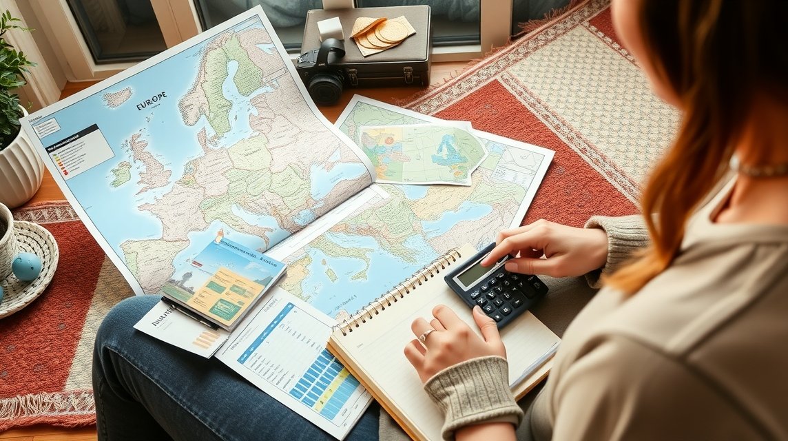 Napi költségvetés tervezése Európában, számológéppel és térképpel.