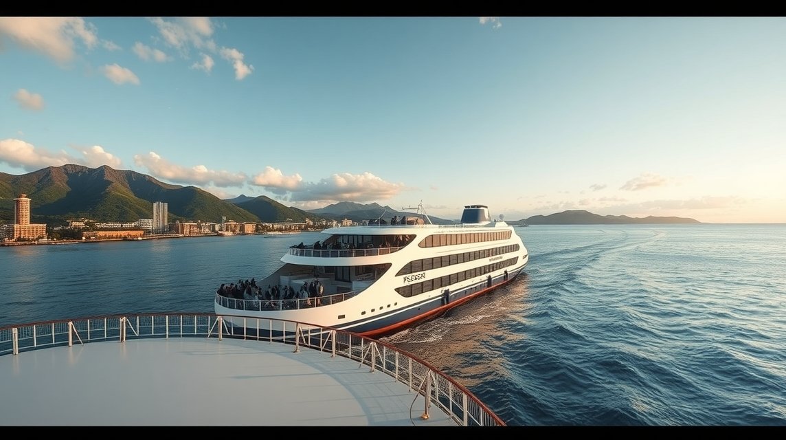 Macujama közlekedés - Komppal Hirosimából 1 Komphajó Macujama és Hirosima között a tenger fölött.