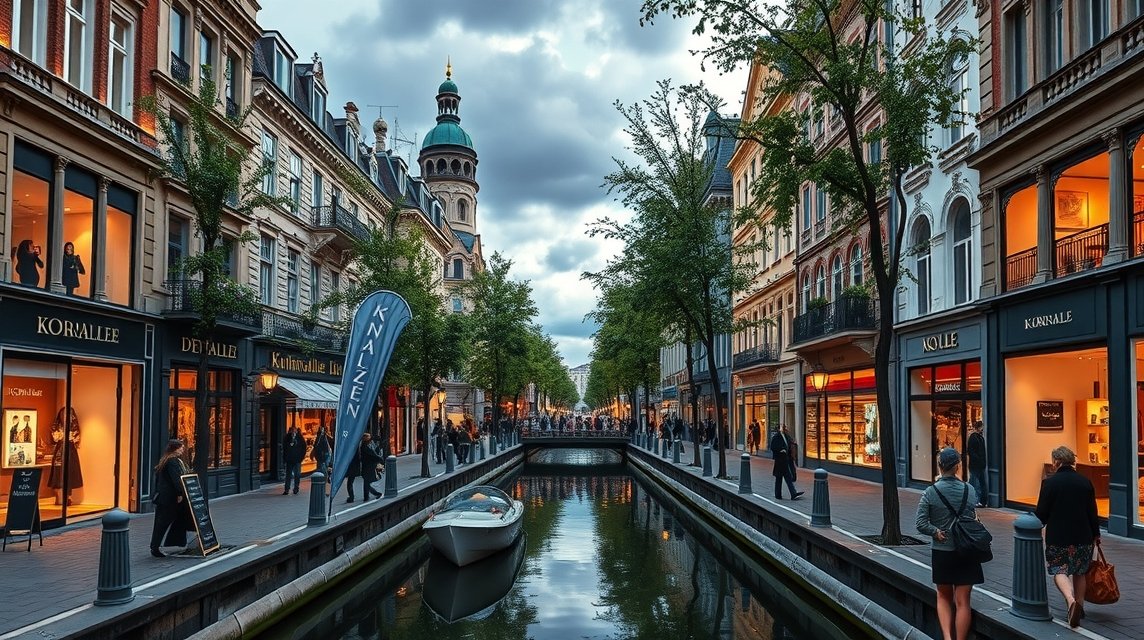 Düsseldorf Königsallee luxus bevásárlóutca csatornával és butikokkal