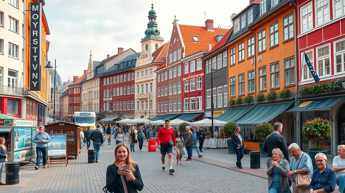 Koppenhága színes épületekkel és forgalmas utcájával.
