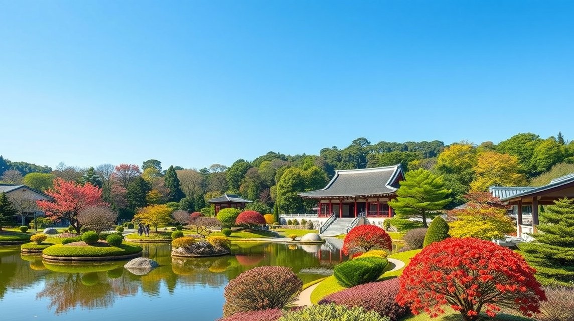 Korakuen kert varázslatos tája Japánban, élénk színek és nyugodt víz.