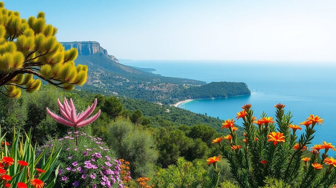 Korfu szigeti táj virágzó növényekkel és tiszta vízzel