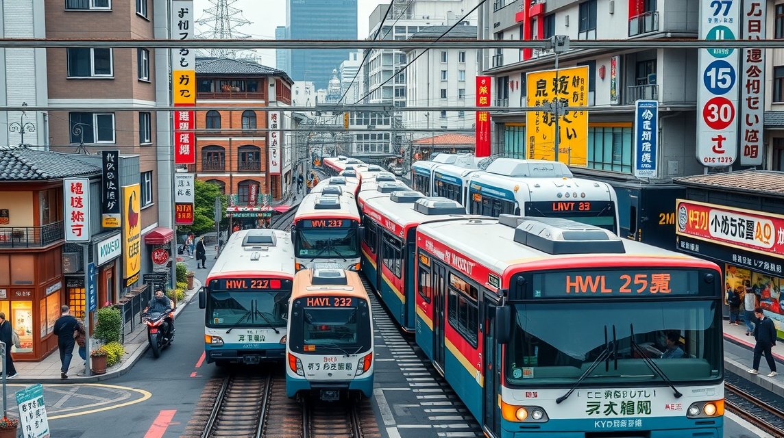 Kiotó közlekedés - Buszok és vonatok a látnivalók között 1 Kiotói buszok közlekednek a városban, élénk utcai jelenetekkel.