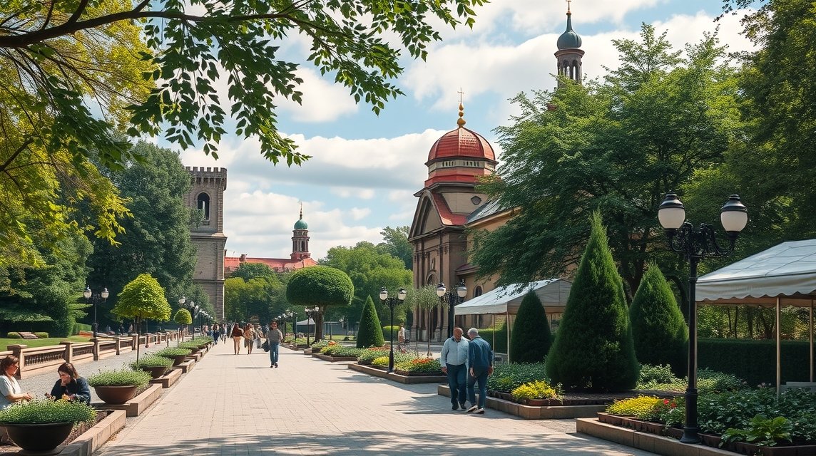 Séta a Planty parkban Krakkóban, gyönyörű zöld környezetben.