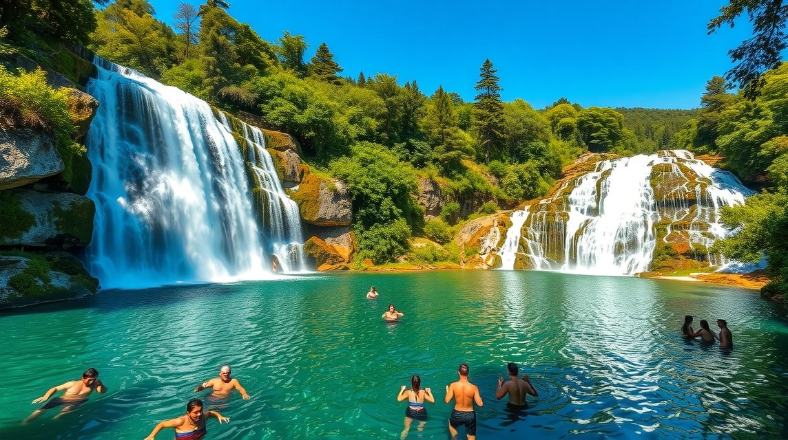 Fürdőzők a Krka Nemzeti Park vízesései alatt lévő türkiz tavakban.