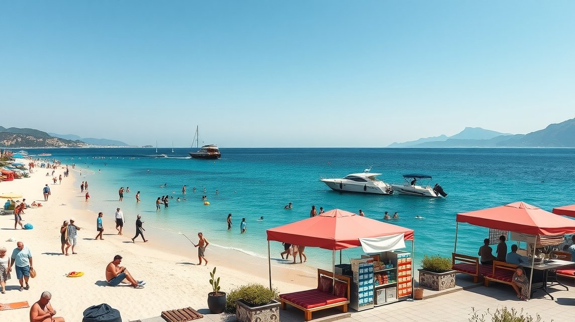 Napos tengerparton emberek pihennek és úsznak, Ksamil, Albánia