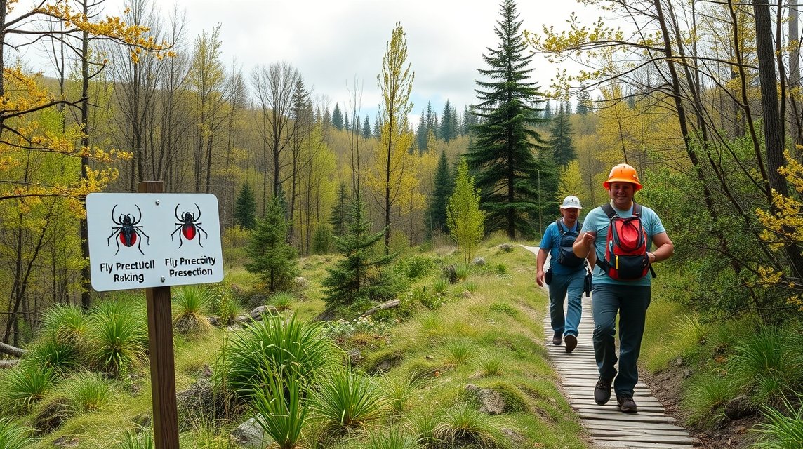 Kirándulás a természetben kullancsfigyelmeztető táblával.