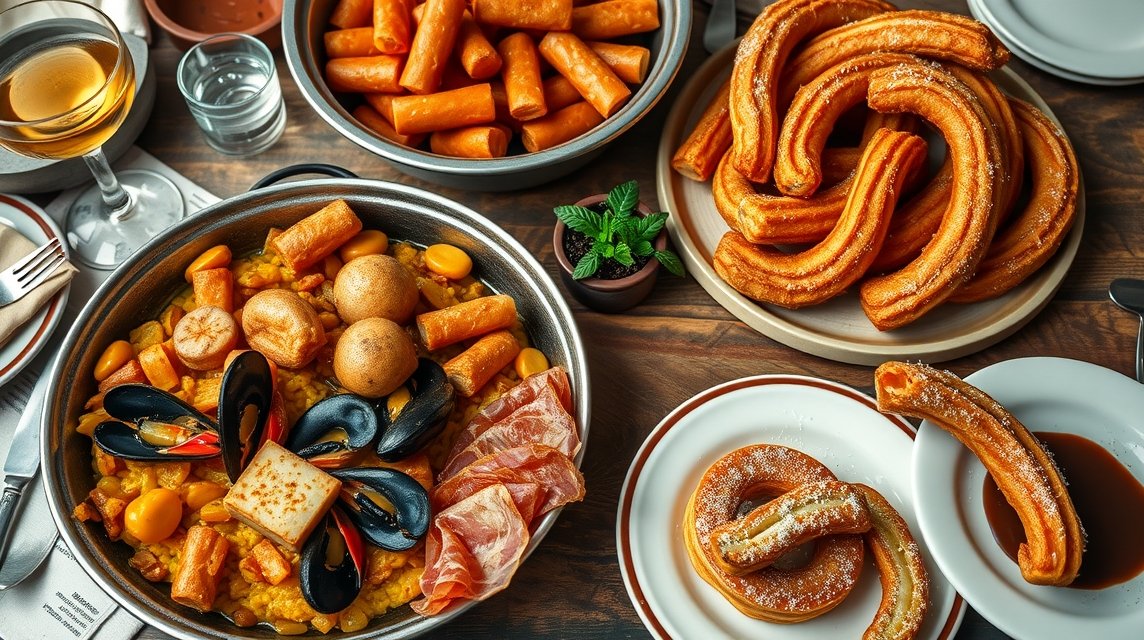 Spanyol ételek: paella, churros és jamón egy tányéron.