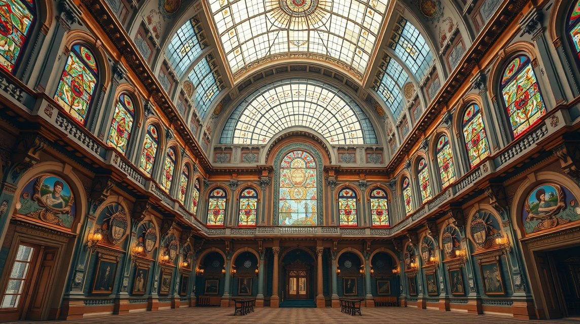 A Kultúrpalota Tükörterme gyönyörű üvegablakai és díszítései