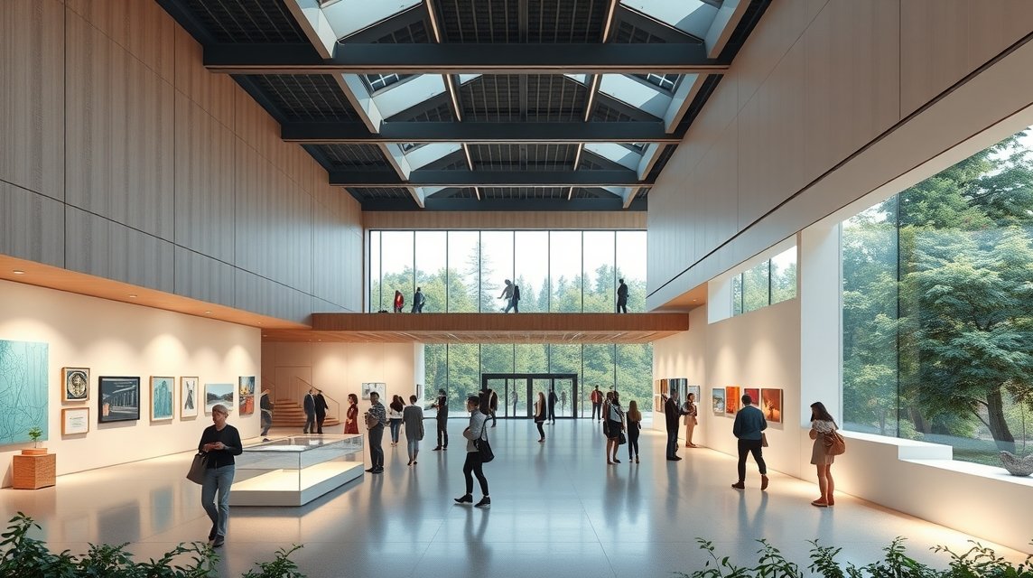 A Kumamoto Kortárs Művészeti Múzeum modern belső tere látogatókkal.