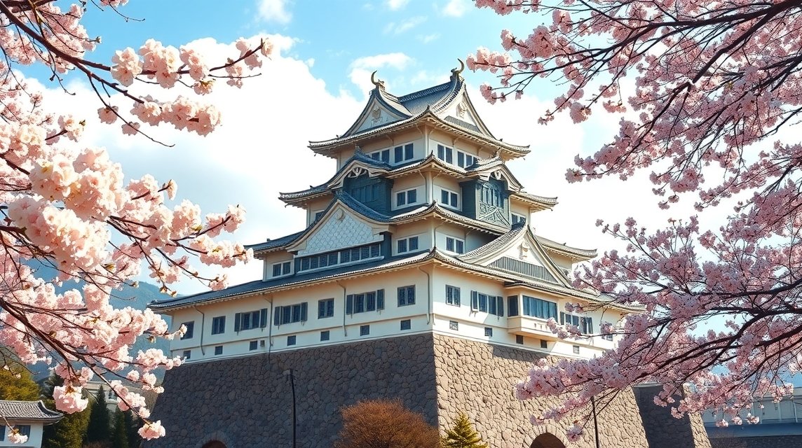 Kumamoto várkastély virágzó cseresznye alatt