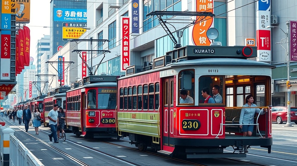Kumamoto városi villamosok belvárosi környezetben