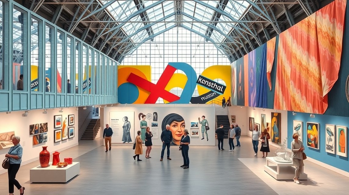 A Kunsthal Múzeum belső tere Rotterdamban, kortárs kiállításokkal.