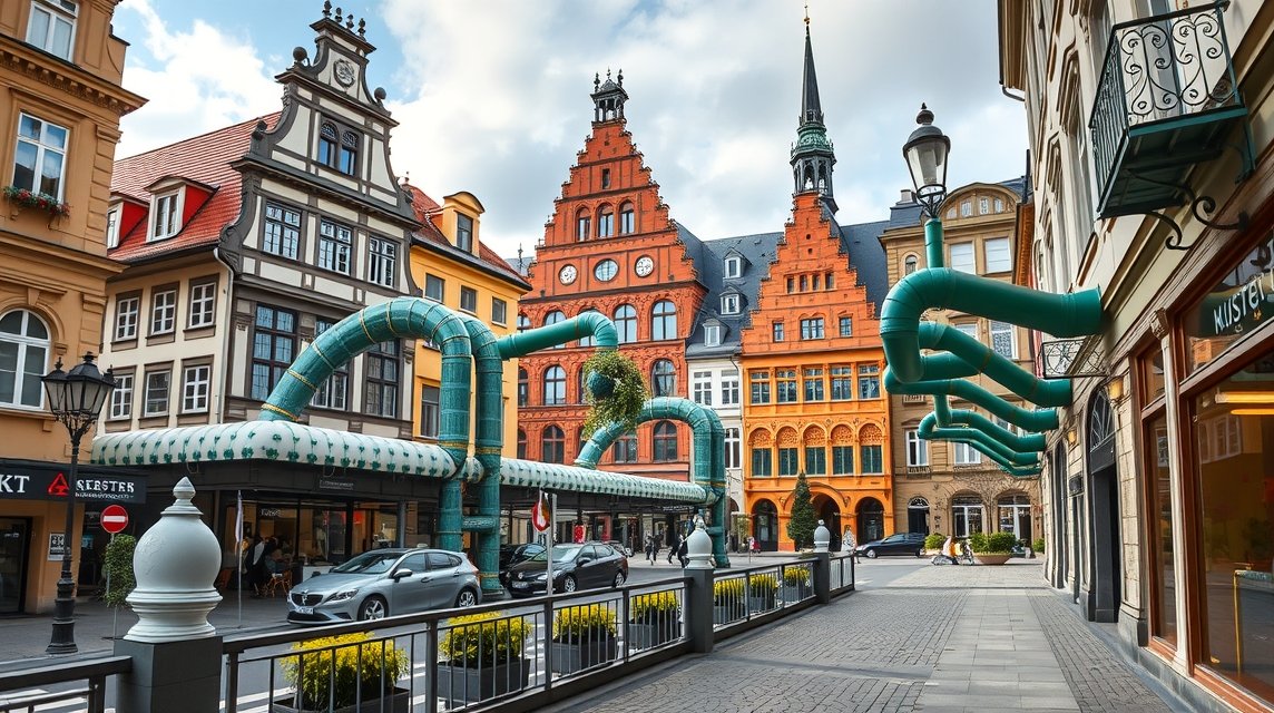 Kunsthofpassage Drezdában, éneklő ereszcsatornákkal és színes épületekkel.