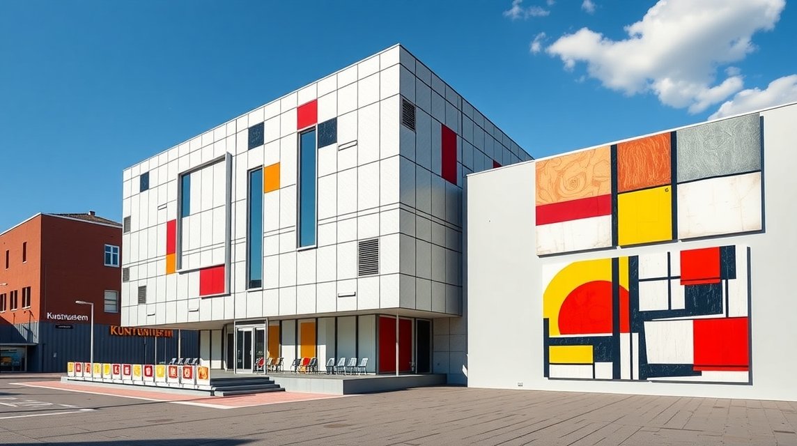 Kunstmuseum Den Haag modern épülete és Mondriaan stílusú művek
