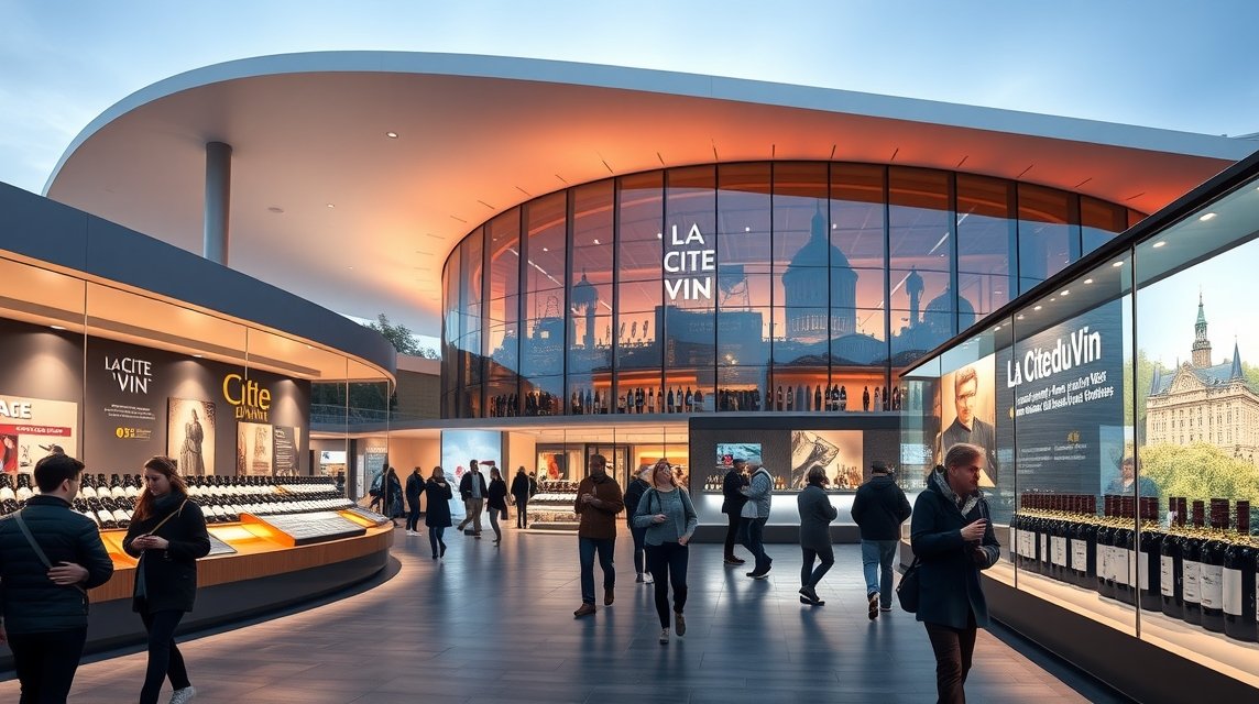 A La Cité du Vin interaktív bor múzeuma Bordeaux-ban, látogatók élvezik a kiállítást.