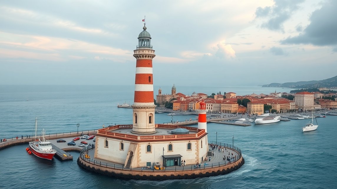 Genova látnivalók - La Lanterna: A történelmi világítótorony 1 A La Lanterna világítótorony Genovában, tengerparti panorámával.