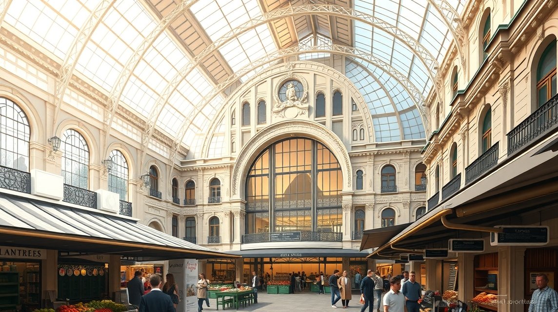 19. századi csarnok, La Rochelle piac, helyi finomságokkal