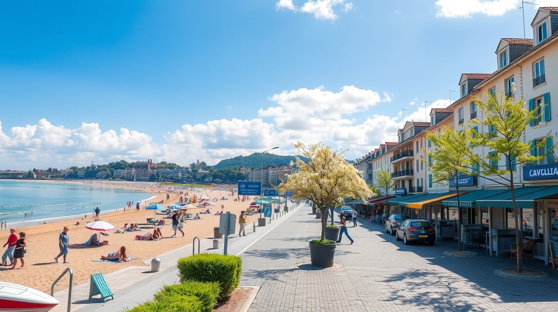 A La Rochelle tengerparti sétány napernyőkkel és pihenő emberekkel.