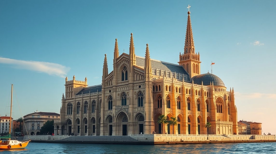 La Seu gótikus katedrális Palma városában, tengerparti nézőpontból