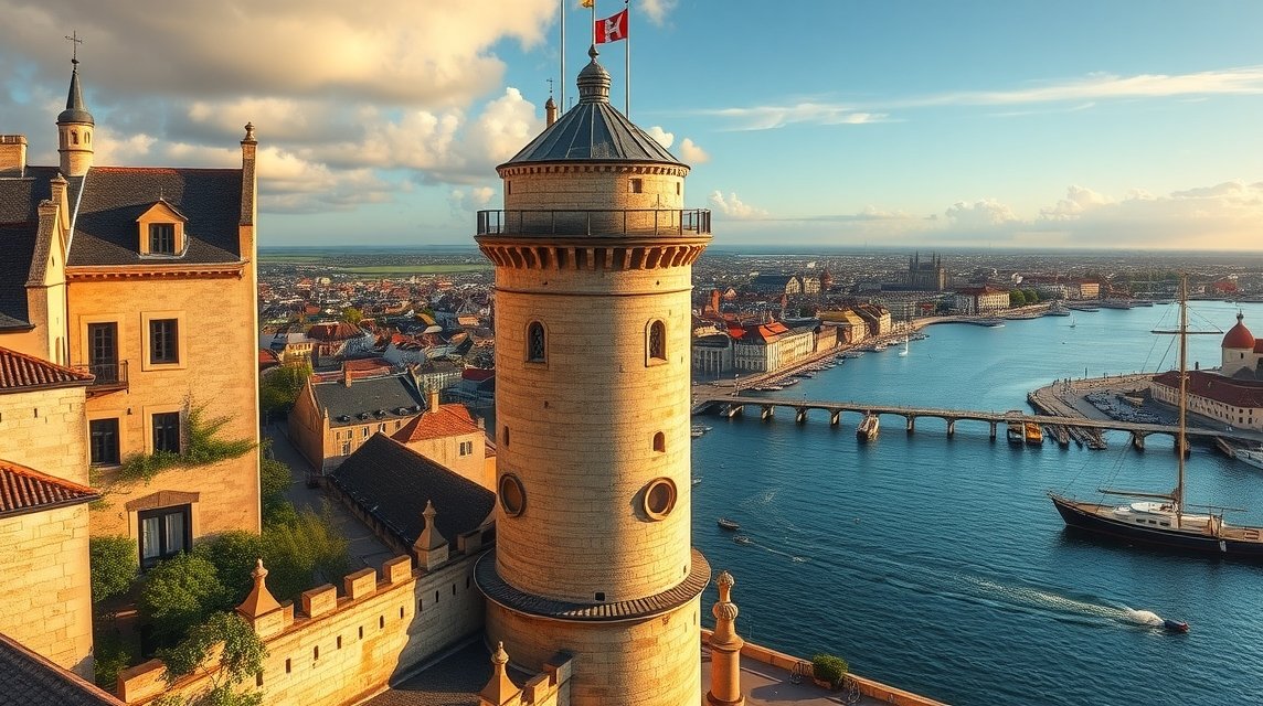La Rochelle Lámpás tornyának panorámaképe a kikötőre.