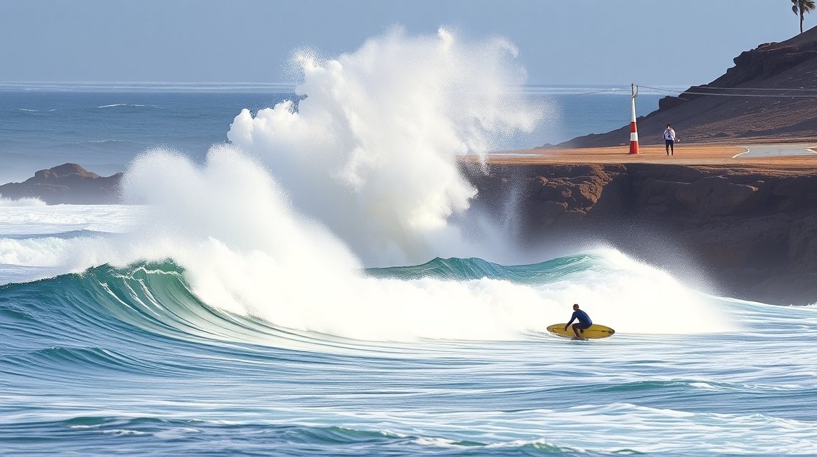 Szörföző Lanzarotén a hullámok között, napos időben.
