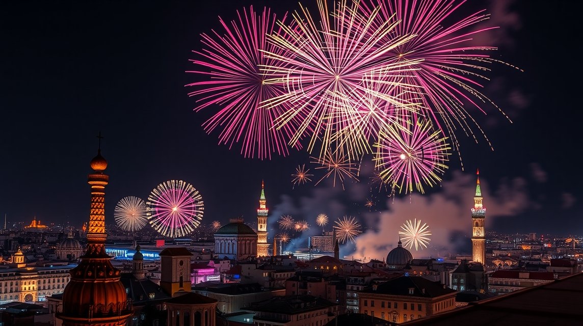 Színes tűzijátékok Valencia fölött a Las Fallas fesztiválon.