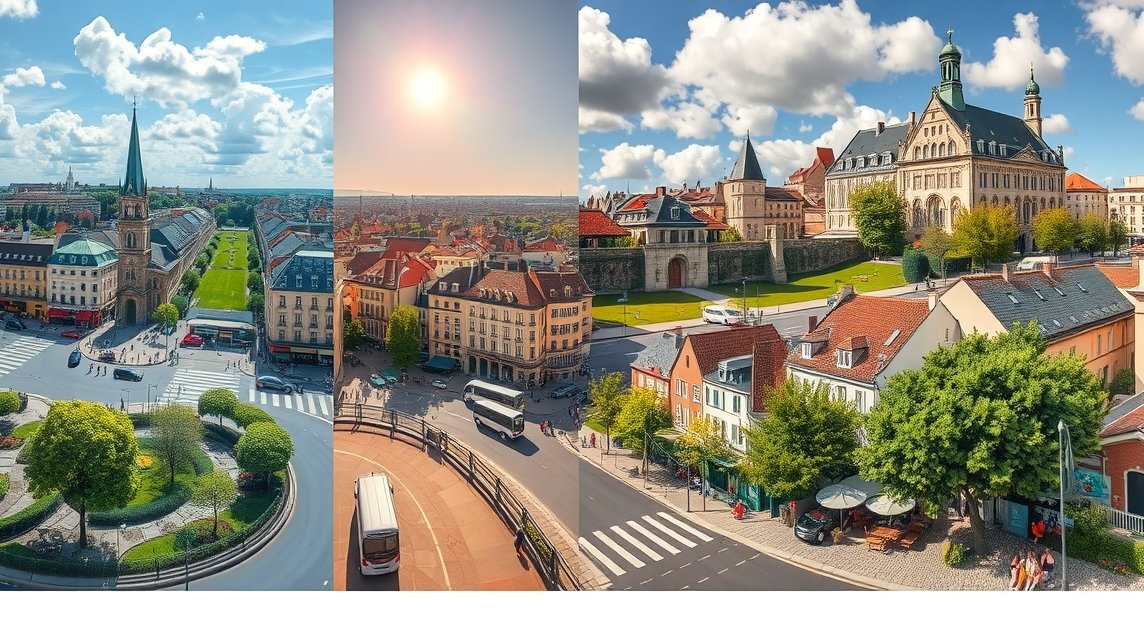 Le Mans városkép, napsütés és felhők, gyönyörű épületekkel.