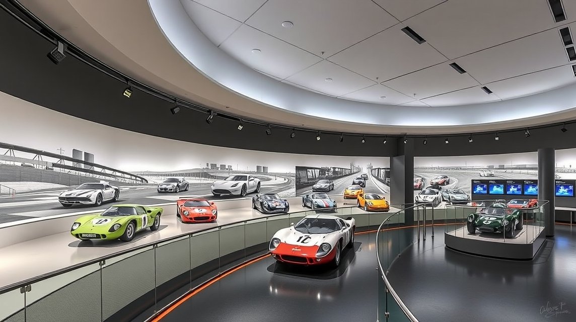 A Musée des 24 Heures belső tere, ikonikus autókkal kiállítva.